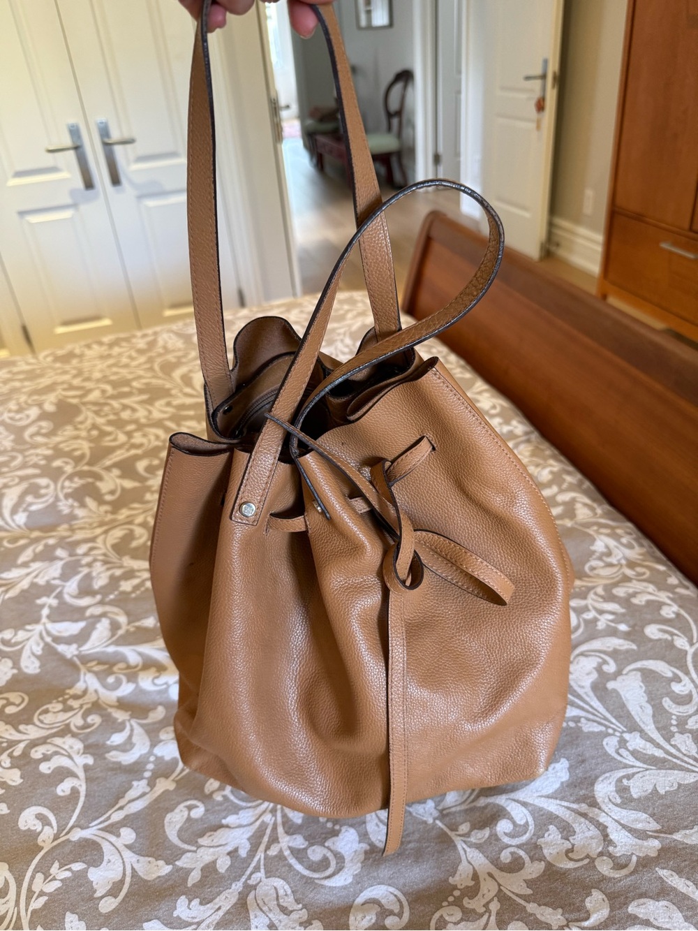Tan Leather Drawstring Shoulder bucket Bag